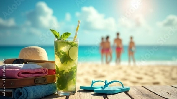 Fototapeta Suitcase with Summer Clothes, Hat, and Flip-flops on Beach.
