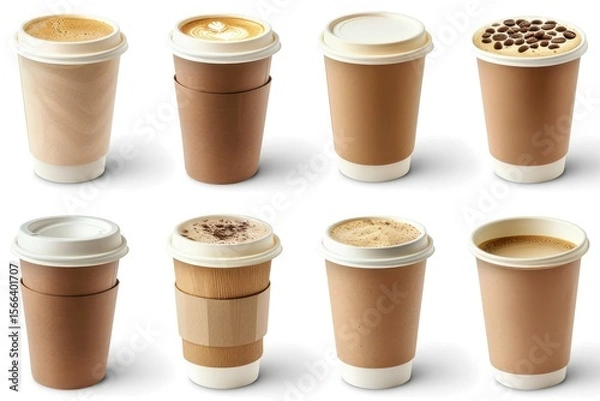 Fototapeta sharp picture of Set of paper take away cups of different coffee latte or cappuccino