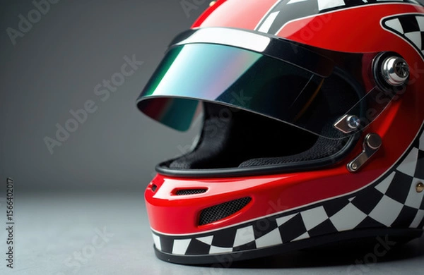 Fototapeta Racing helmet with checkered pattern and tinted visor on a neutral background