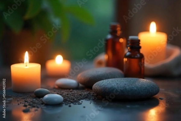 Fototapeta Serene Spa Scene Candlelit Stones and Essential Oils for Wellness and Self-Care