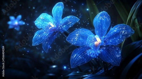 Fototapeta Glowing blue orchids in a mystical, dark forest setting.  Sparkling petals and magical ambiance.