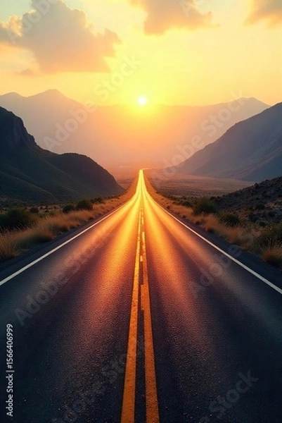 Fototapeta Endless Asphalt Road Journey Sunlit Path to Adventure Across a Hazy Horizon