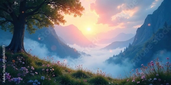 Fototapeta A serene landscape bathed in ethereal light, evoking a sense of spiritual wonder and boundless imagination Perfect for meditation, fantasy, or new age concepts , healing, dusk, light