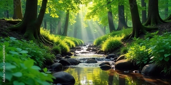 Fototapeta Serene woodland scene featuring a gently flowing brook nestled amongst lush green foliage and dappled sunlight Perfect for nature, tranquility, and environmental themes , untouched nature, natural
