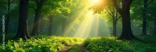 Fototapeta Sun Dappled Forest Tranquil Nature Scene, Perfect for Meditation and Relaxation