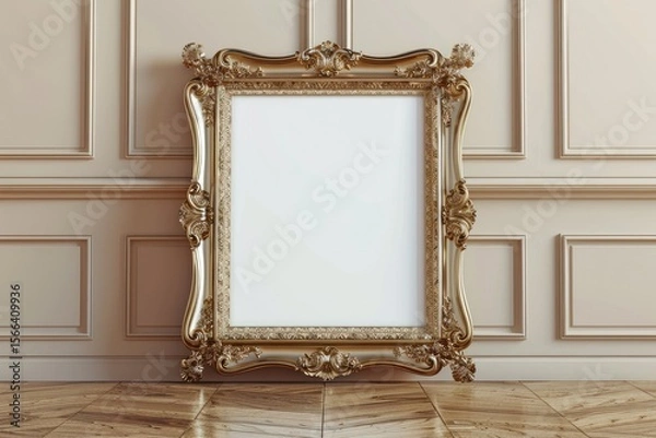 Fototapeta High Definition View of Ornate Frame on a Wood Floor in a Room with Beige Paneled Walls