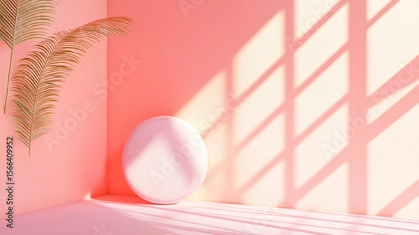 Fototapeta Minimalist Pink Interior Corner with Soft Round White Sphere, Elegant Shadow Lines, Golden Leaf Decor, Daylight Composition, and 3D Abstract Geometry in a Calm Ambient Scene