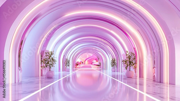 Fototapeta Futuristic 3D Pink and Purple Neon Light Tunnel, Abstract Cyberpunk Archway, Modern Curved Interior, Vibrant Glossy Gradient, Minimalistic Design, Artificial Landscape, Artistic Space, Futuristic Arch