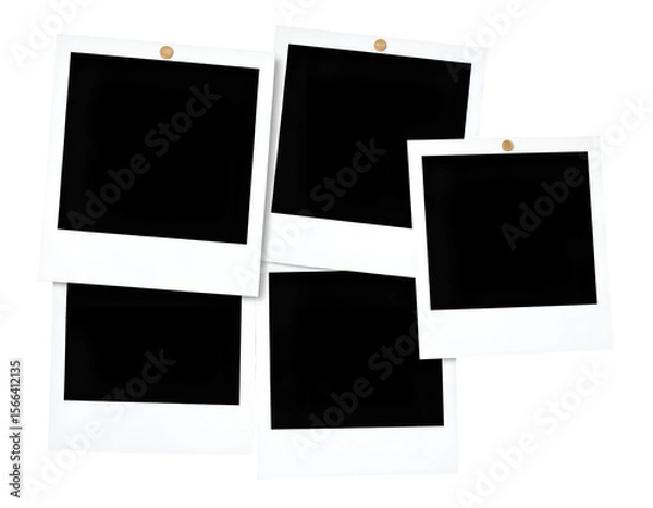 Obraz Multiple white instant camera frames with pushpins arranged in a dynamic overlapping display.