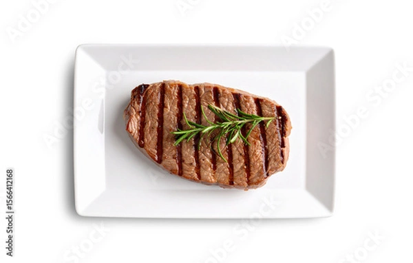 Obraz Grilled beef steak with rosemary on white rectangular plate, transparent background
