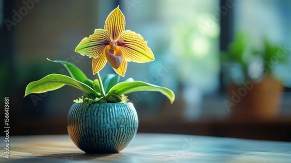 Fototapeta macro view of a striped Paphiopedilum
