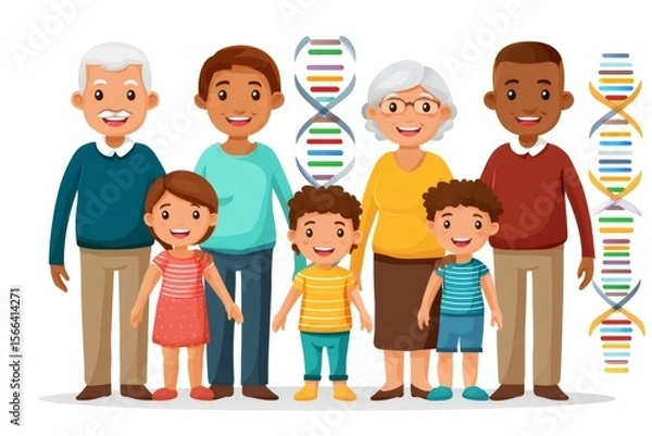 Fototapeta Happy multiethnic family with dna structure showing genetic inheritance