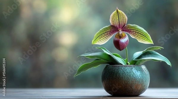Fototapeta macro view of a striped Paphiopedilum