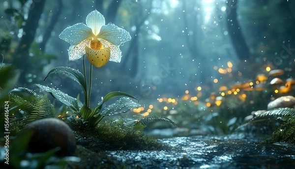Fototapeta Paphiopedilum orchid in fantasy forest setting