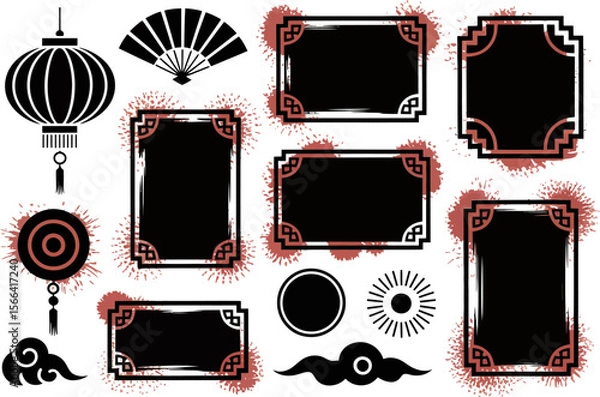 Fototapeta Asian frame and icon set, oriental border, lantern, fan, cloud, grunge vector collection