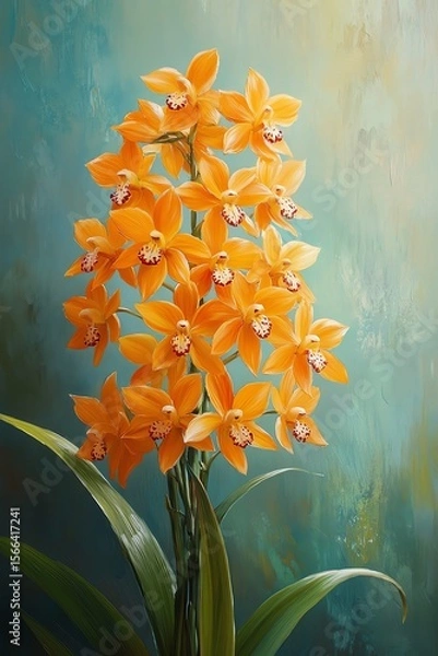 Fototapeta Vibrant orange orchid blossoms in full bloom,  a stunning floral display against a muted background.