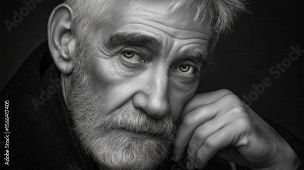 Fototapeta Powerful black and white portrait of senior man with an intense thoughtful expression