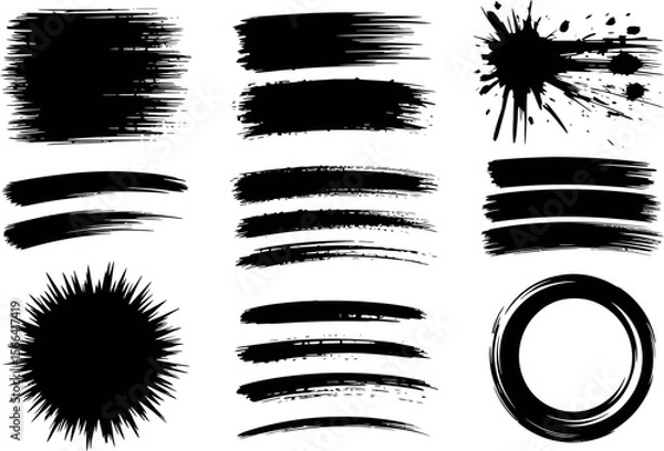 Fototapeta Brush stroke and sunburst set, grunge ink lines, abstract paint stroke, hand drawn brush, vector collection