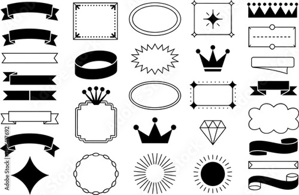 Fototapeta Badge and label shape set, sunburst, crown, ribbon, outline icon collection, vector design pack