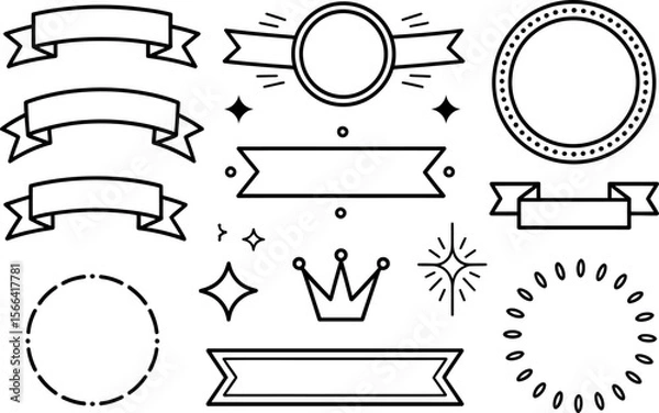 Fototapeta Badge and ribbon shape set, sunburst, crown, label, outline icon collection, vector design pack
