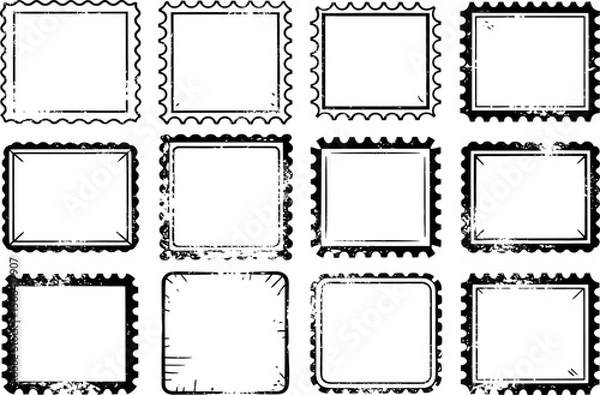 Fototapeta Grunge postage frame set, vintage stamp border, retro mail template, black outline, vector collection