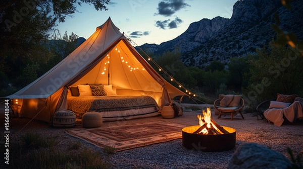Fototapeta Cozy glamping setup with a glowing fire pit under the night sky at a mountain campsite during summer