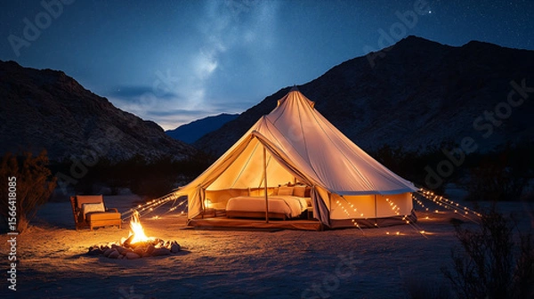 Fototapeta Cozy glamping tent illuminated at night with a fire pit in a serene desert landscape under a starlit sky