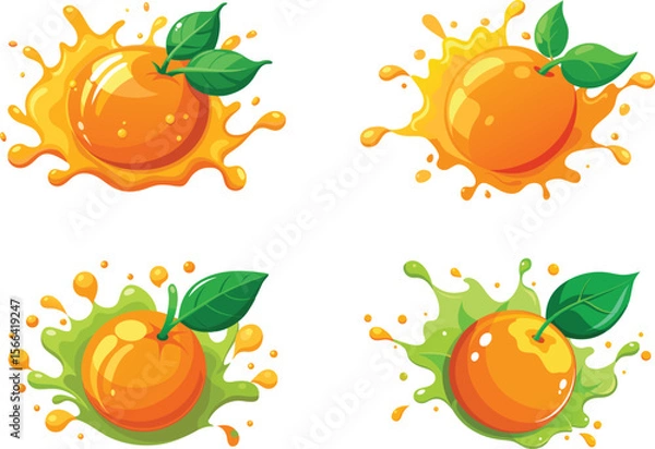 Fototapeta Four orange fruit illustrations with various colorful juice splashes background