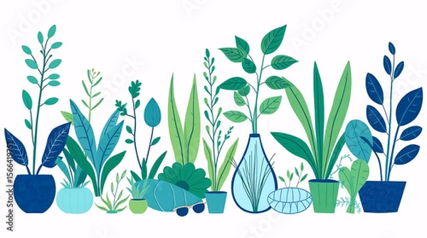 Obraz flat illustration of assorted green leaves and decorative plants in pots with minimal modern design and fresh nature vibes