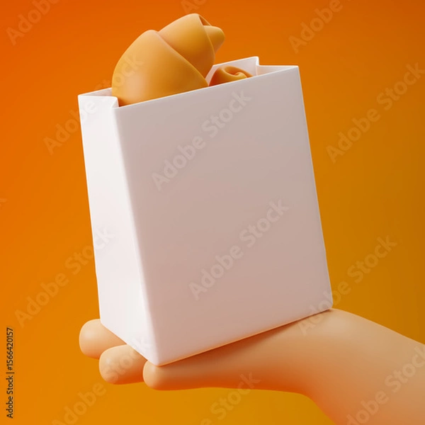 Fototapeta Cartoon hand holding paper bag with plain croissants isolated over yellow background. 3d rendering.