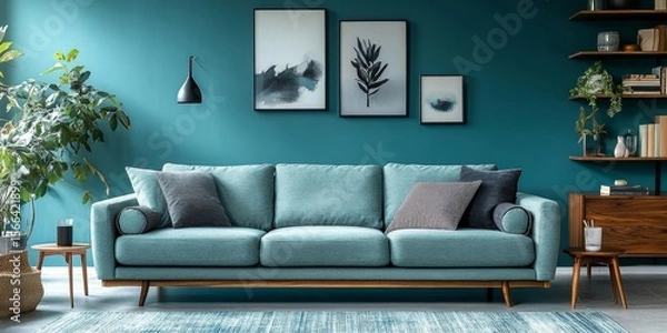 Fototapeta Light turquoise sofa with a wooden shelving unit, placed near a teal wall. Scandinavian interior design for a modern stylish living room, Generative AI