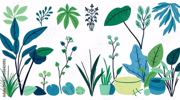 Obraz flat minimal illustration of wild green plants and botanical leaves in modern nature-inspired eco-friendly design