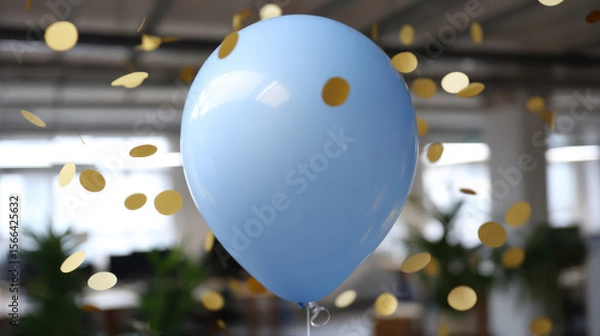 Obraz Blue balloon with golden confetti floating in office space celebrating employee birthday with festive atmosphere and blurred background