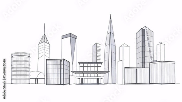 Obraz minimal line art illustration of modern cityscape with skyscrapers and urban architecture in contemporary flat design