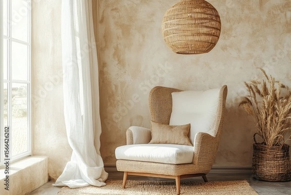Fototapeta Wooden wingback chair and a large wicker pendant light placed against a window and beige stucco wall. Interior design for a modern living room, Generative AI