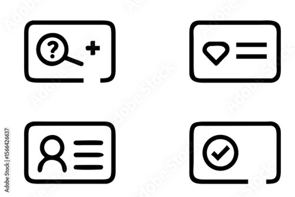 Obraz Set of black and white ID card and profile icons featuring user, verification, location, and search symbols in minimal outline style
