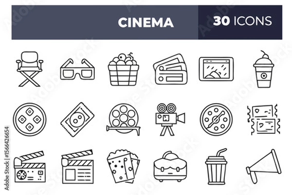 Obraz Cinema icon set featuring 18 outline-style movie and theater elements including popcorn, clapperboard, tickets, and film reels
