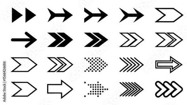 Obraz Collection of various right-pointing arrow icons in different styles including solid, outlined, dotted, and geometric designs
