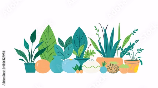 Obraz flat illustration of garden plants and green foliage with colorful pots in minimal nature-friendly style and soft colors