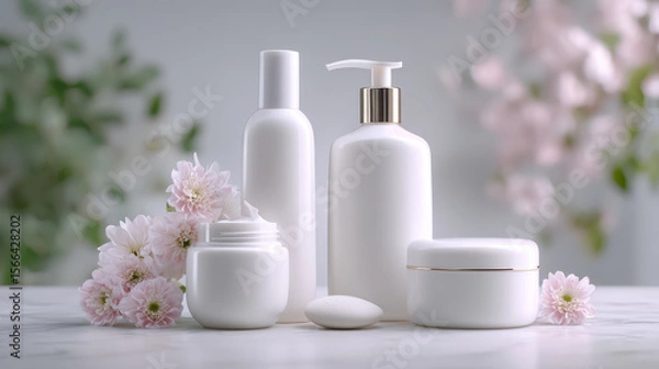 Fototapeta Elegant white skincare bottles and cream jars arranged in a serene spa environment, embodying wellness, beauty routines, relaxation, and self-care rituals through gentle motion.