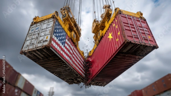 Fototapeta Clashing Containers, Two giant shipping containers, one adorned with the US flag and the other with the Chinese flag, collide mid-air, shattering into fragments.