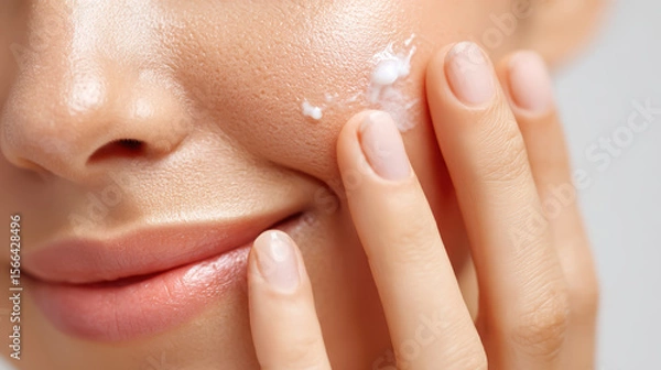 Fototapeta Nourishing Skincare Ritual, a close-up view of a woman's hand delicately spreading a rich moisturizer, highlighting the intricate texture of her skin against a pure white backdrop