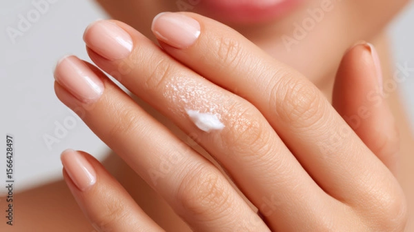 Fototapeta Nourishing Moisturizer Application, a close-up view of a woman's hand gently applying cream, showcasing skin texture and the soothing action of skincare on a clean background.