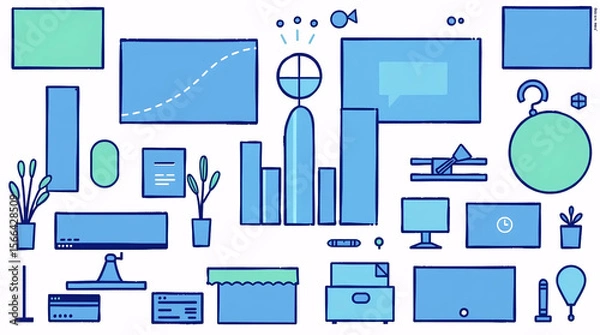 Obraz creative flat illustration of digital business workspace with technology devices, office tools, and modern business concept