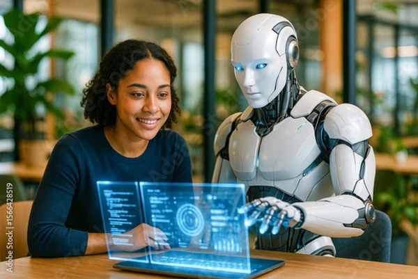 Obraz A girl and a humanoid android are working in a modern coworking space on a futuristic holographic interface. Scandinavian style and a productive atmosphere.