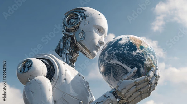 Fototapeta Humanoid AI Embracing Earth, a futuristic robot representing climate advocacy, symbolizing agentic autonomy dedicated to promoting global sustainability and environmental care
