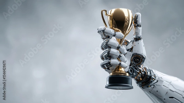 Fototapeta AI Excellence Award Ceremony, Celebrating innovation with a robotic hand grasping a trophy labeled AI Agent, representing superiority in automation and performance achievements