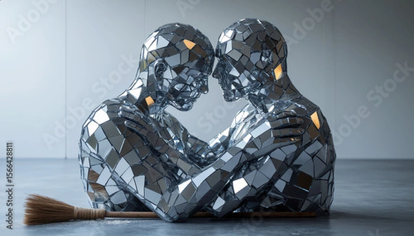 Fototapeta Reflective embrace of two mirrored figures in a modern art space