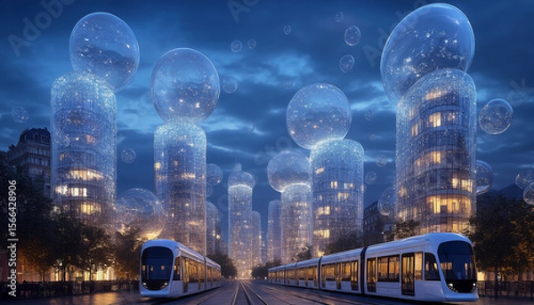Fototapeta Futuristic city illuminated by bubbles and tranquil trains at twilight