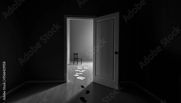 Fototapeta Footsteps lead to an empty chair in a dimly lit room